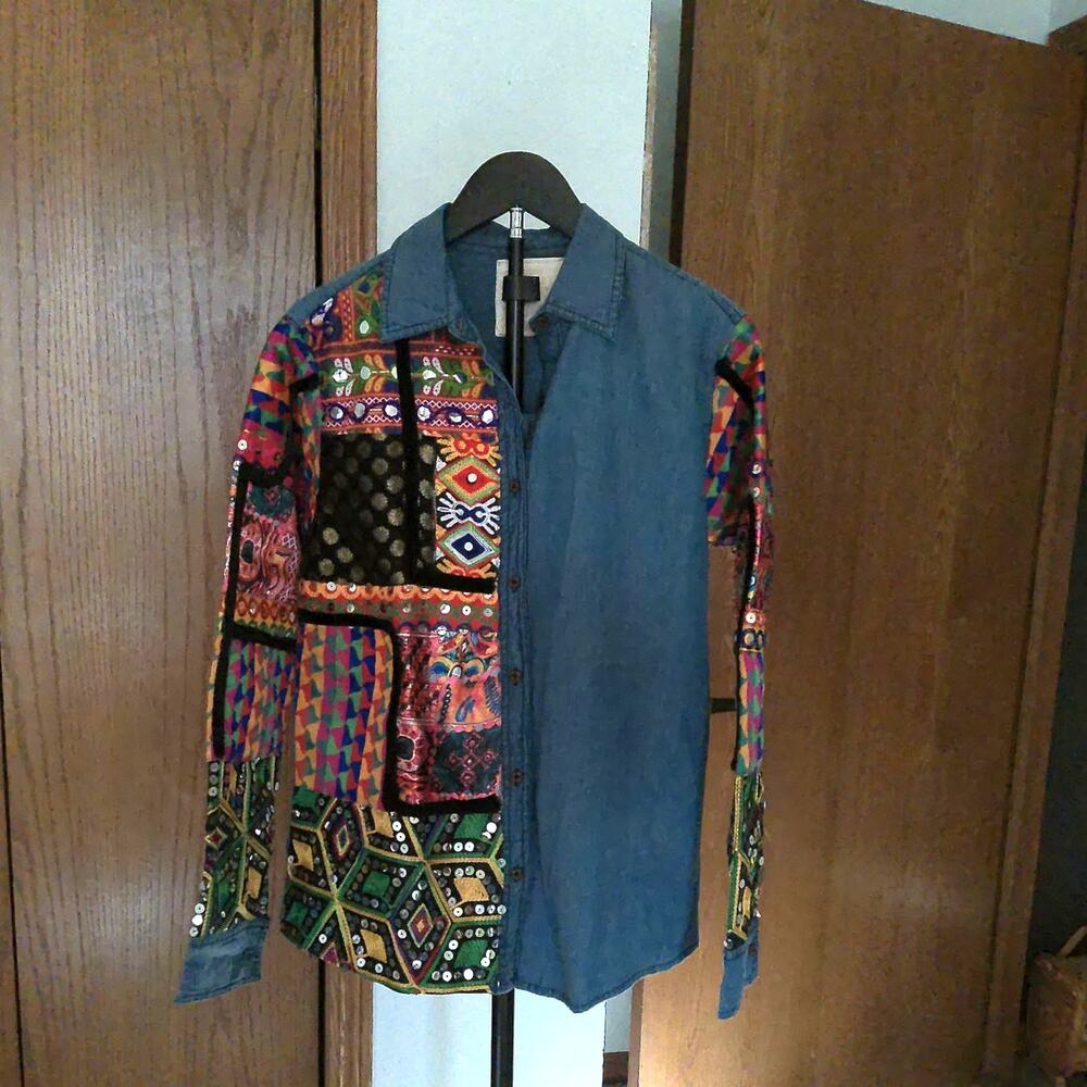 Banjara Trail Boho Patchwork Denim Jacket Embroidered Mirror Work